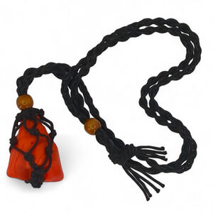 Orange Swirl Tumbled Art Glass Pendant Necklace Black Braided Cord Bead J2418